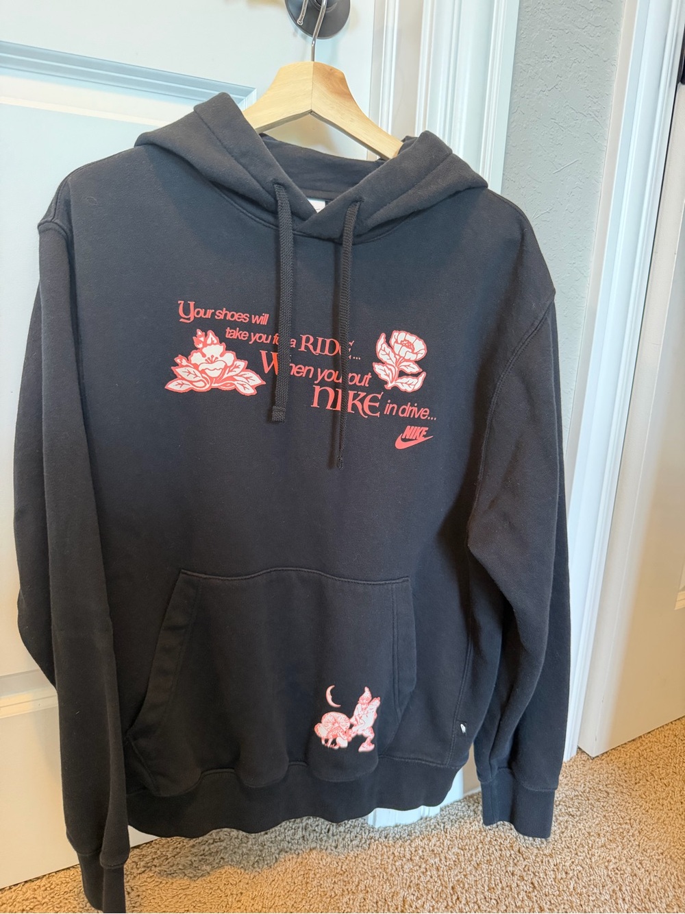 Nike Black Hoodie with Pink Rose Artwork